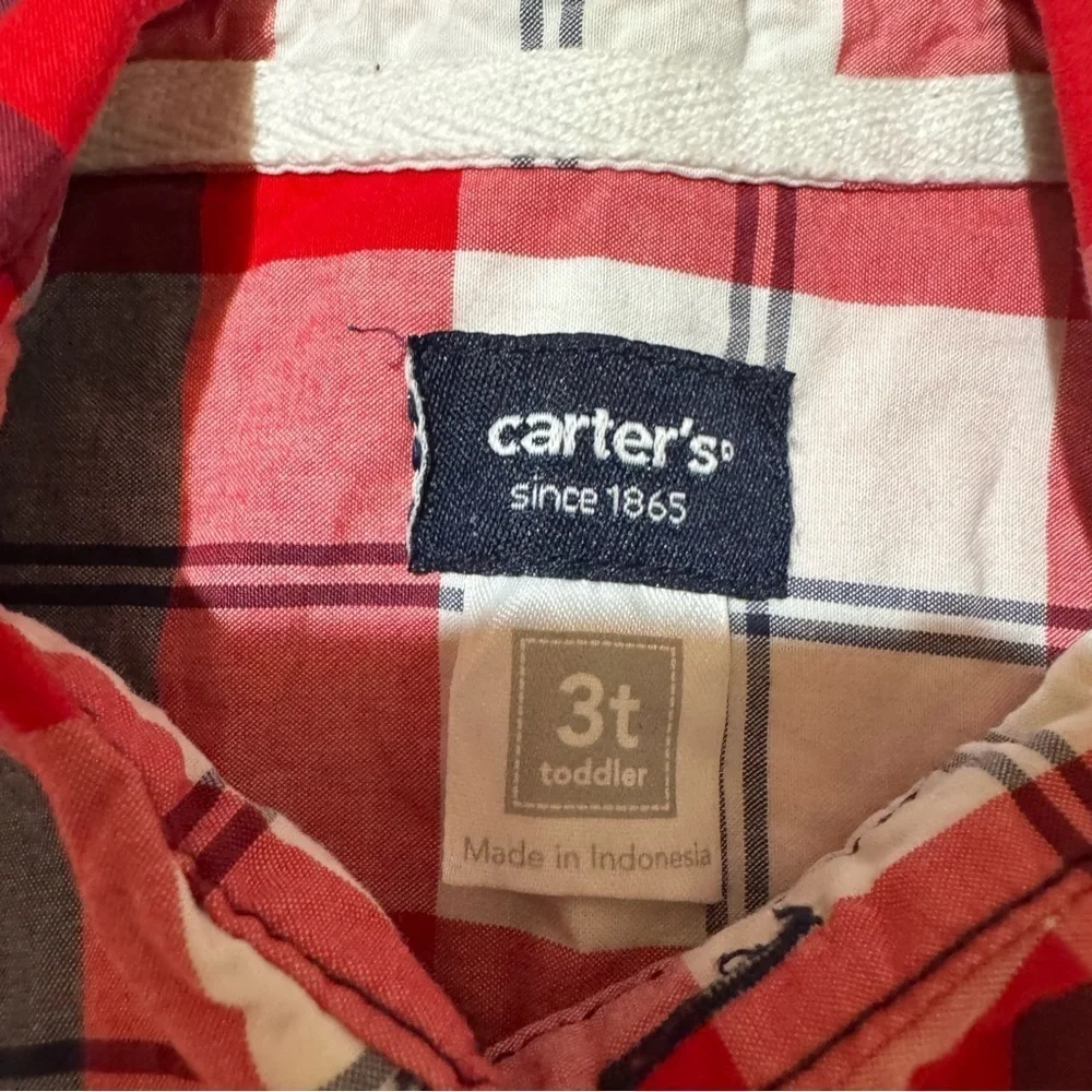 Carter’s Red Paid Shirt Christmas Button Up Long Sleeve Collar Front Pockets 3T